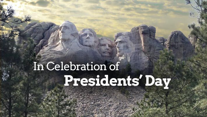 The words In Celebration of Presidents' Day with Mount Rushmore in the background.